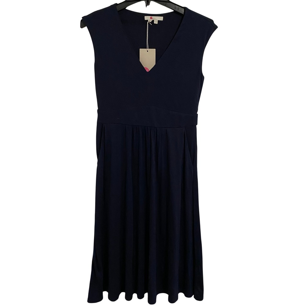 Boden Midi Dress Modest Womens 4P Navy Blue New V-Neck Empire Waist Pockets - Picture 2 of 6